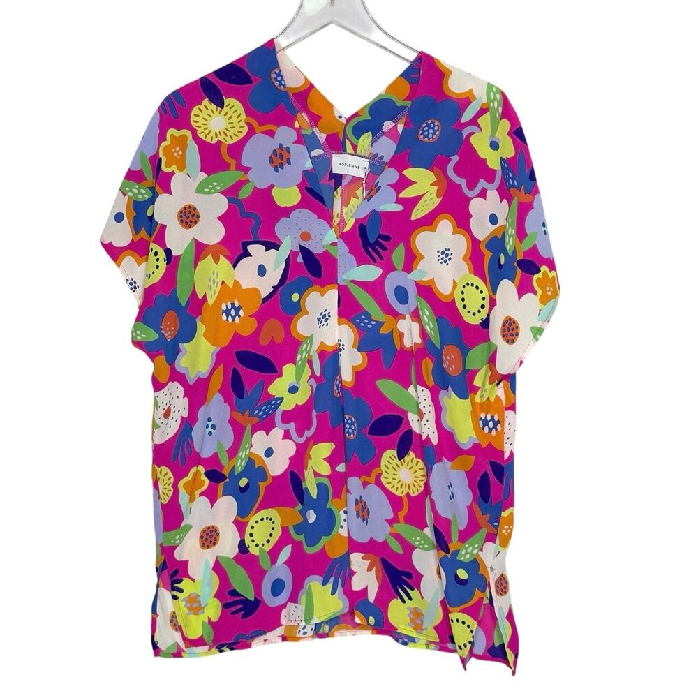 Adrienne Flower Bomb Floral Multicolor Sadie V-Neck Oversized Top S NEW Bright